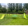 thumbnail image 2 of iRerts 6 in 1 Swing Set with Slide, Metal Outdoor Swing Sets for Kids with 2 Swings, Glider, Basketball Hoop, Soccer Goal, Swingset Playset for Kids Boys Girls, Kids Outdoor Swing for Backyard, Green, 2 of 7