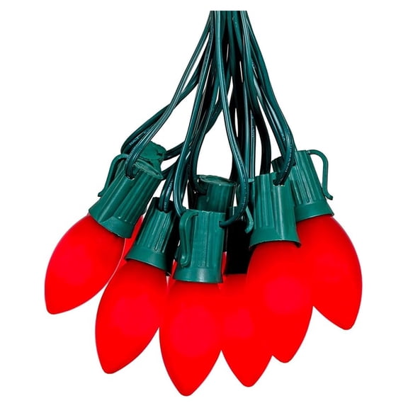 C9 Christmas String Lights 25ft - Vintage Red LED Bulbs, Shatterproof, Green Wire