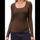 thumbnail image 3 of Camisas de Larga con Cuello Redondo para Mujer, Blusas Informales de Punto Acanalado de Corte Ajustado, Camisetas Básicas de Trabajo para Verano y Otoño. Marrón L, 3 of 9