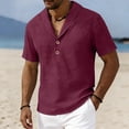 thumbnail image 3 of Ceisia Men's Solid Color Cotton Linen Casual Shirt Loose Shawl Collar Short Sleeve Top for Summer Red XXL Gifts, 3 of 6