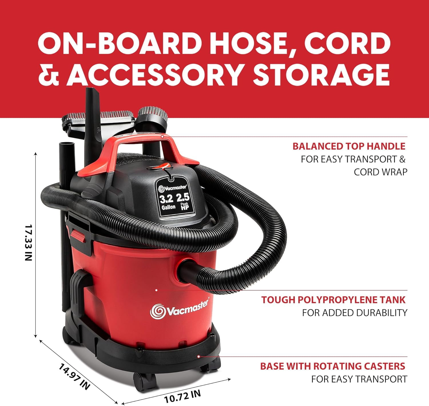 Vacmaster VHB305M 1101 Wall Mount Wet Dry Vacuum, 3.2 Gallon 2.5 Peak HP, Red