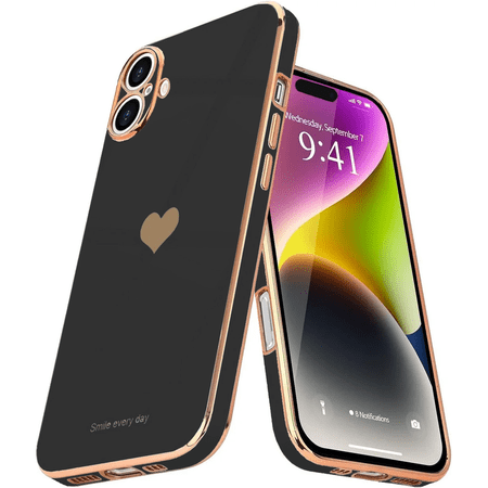 Entronix Love Heart Luxury Case for iPhone 17, Cute Slim Shockproof Bling Cover, Black