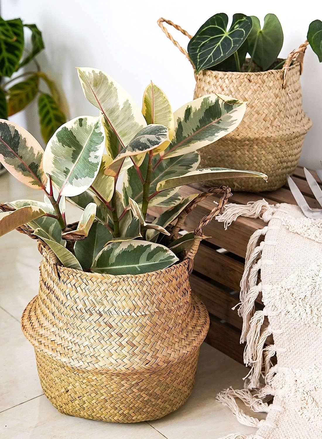 LE TAUCI Plant Basket, 7 Inch Original Woven Seagrass Belly Planter Basket