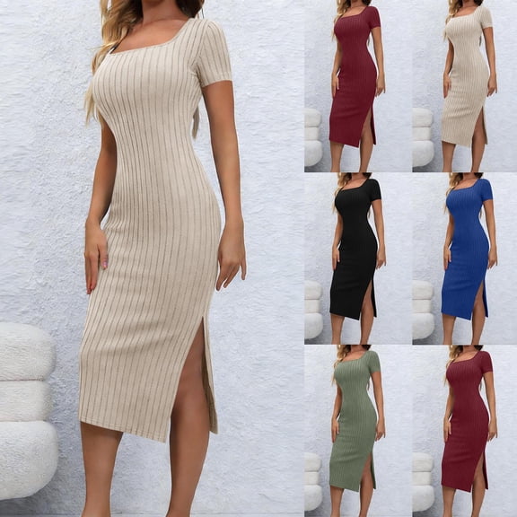 FRSASU Women's Dress Summer Bodycon Casual Short Sleeve Square Neck Side Slit Knit Beach Long Dresses Wine