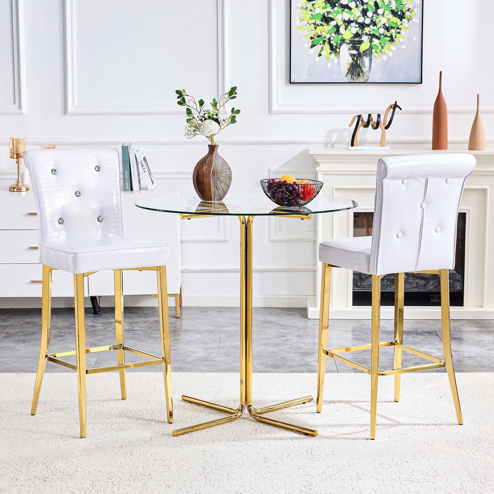 Alvantor Set of 2 White Gold Crocodile Faux Leather Bar Chairs with Crystal Accents