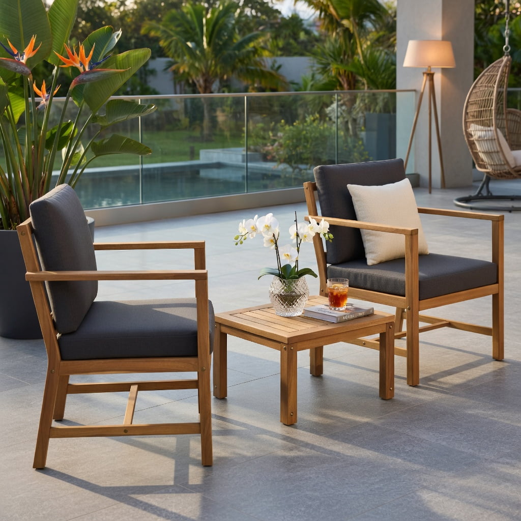 Hommoo 3-Piece Acacia Wood Outdoor Loveseat Set with Detachable Coffee Table & Removable Cushions, Teak Patio Furniture for Backyard, Balcony & Poolside, Natural