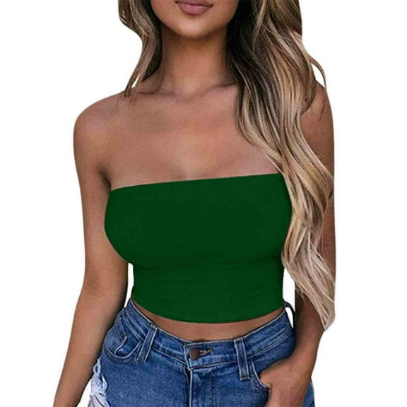 Giftesty Women's Solid Color Summer Fashion Casual Top Tube Top Strapless Blouse Green M