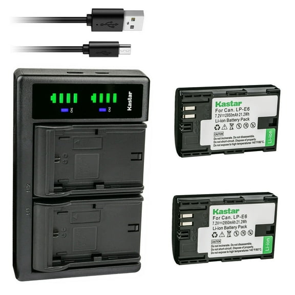 Kastar 2-Pack LP-E6 Battery and LTD2 USB Charger Replacement for Canon EOS R, EOS Ra, EOS R5, EOS R6, EOS 90D, XC10, XC15, EOS 5D Mark II, EOS 5D Mark III, EOS 5D Mark IV, EOS 5DS, EOS 5DS R Camera