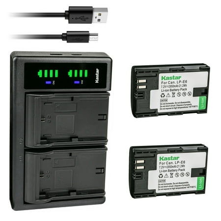 Kastar 2-Pack LP-E6 Battery and LTD2 USB Charger Replacement for Canon EOS R EOS Ra EOS R5 EOS R6 EOS 90D XC10 XC15 EOS 5D Mark II EOS 5D Mark III EOS 5D Mark IV EOS 5DS EOS 5DS R Camera