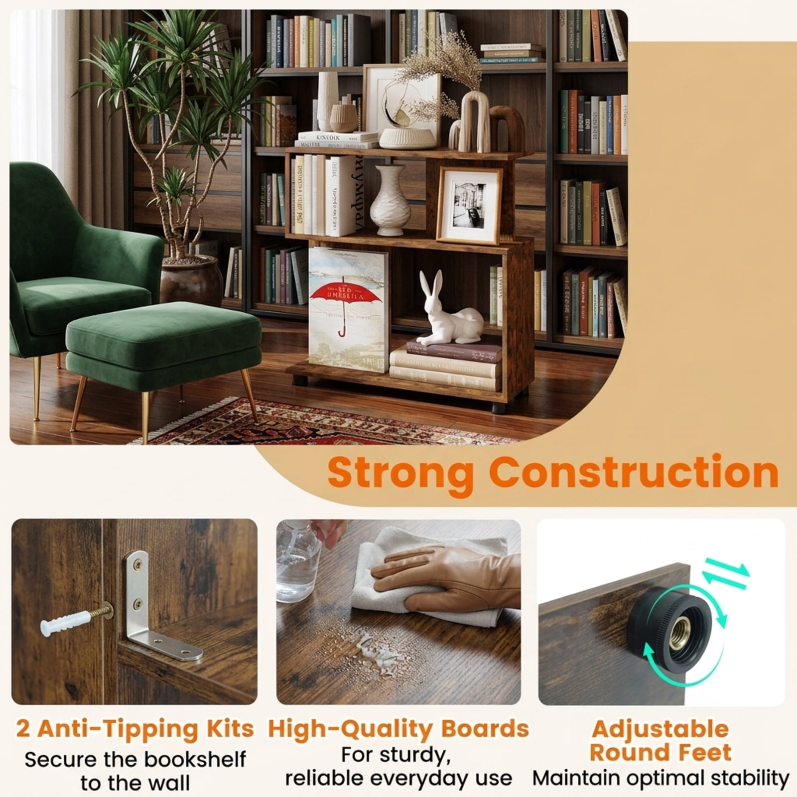 Furnibear 3-Tier Modern S-Shaped Bookshelf with Reversible Design Adjustable Feet and Anti-Tipping Kits for Living Room and Study, Rustic, Brown