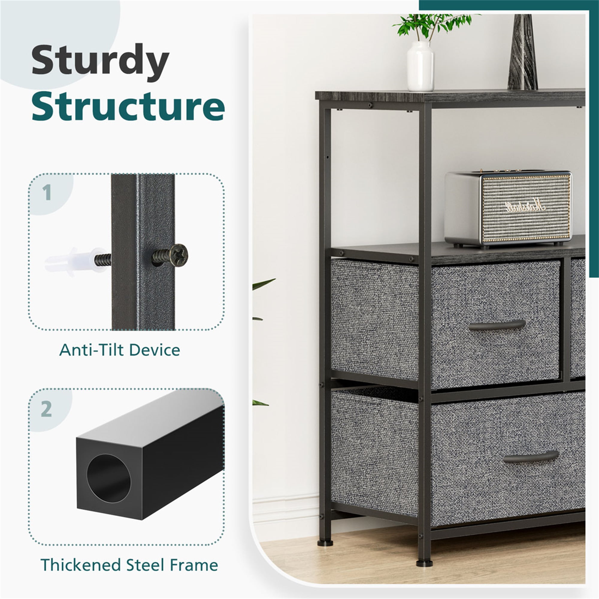Kadyn Chest of Drawers ,TV Stand for Bedroom with Drawers,Entertainment Center with Open Display Metal Shelf 5 Fabric Storage Dresser ,Gray Kadyn Chest of Drawers ,TV Stand for Bedroom with Drawers,Entertainment Center with Open Display Metal Shelf 5 Fabric Storage Dresser ,Gray