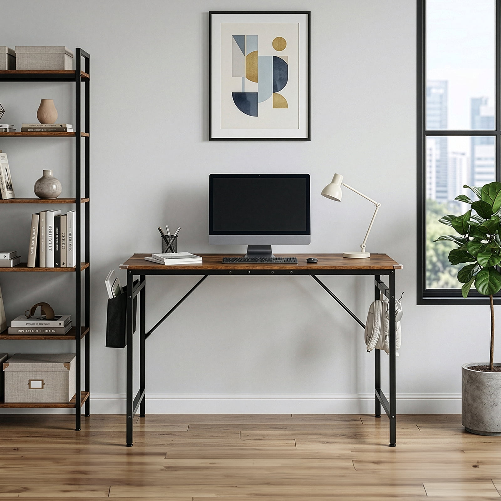Computer Desk with Storage Shelf, Weathered Wood Finish Home Office Desk, Sturdy Iron Frame & P2 Eco-Friendly Board, Cut-Off Design Gaming Writing Desk