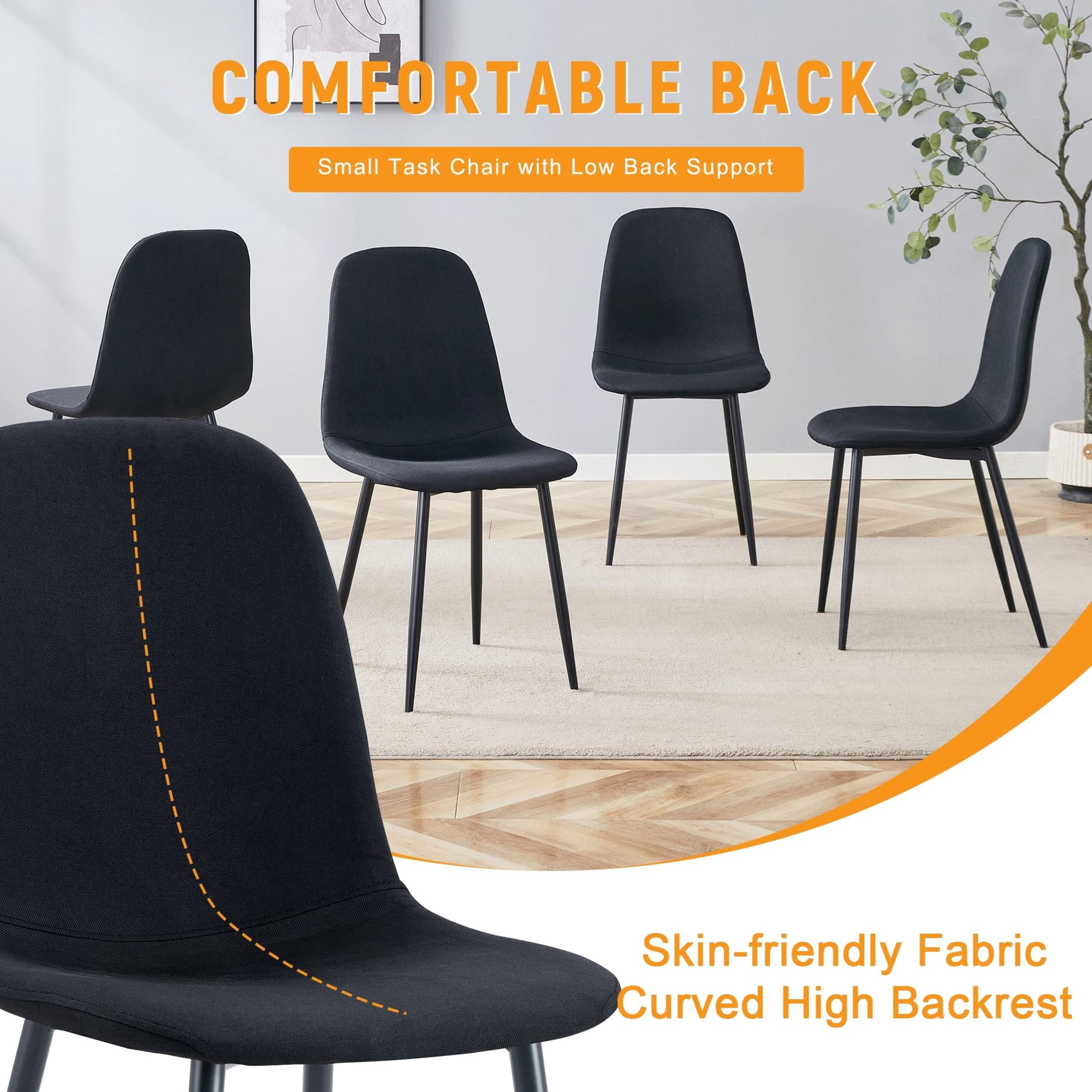 Noble House Luxury 34.5" Dining Chairs, Linen-Cotton Upholstery, Black Metal Legs, High Resilience, Black, Set of 4