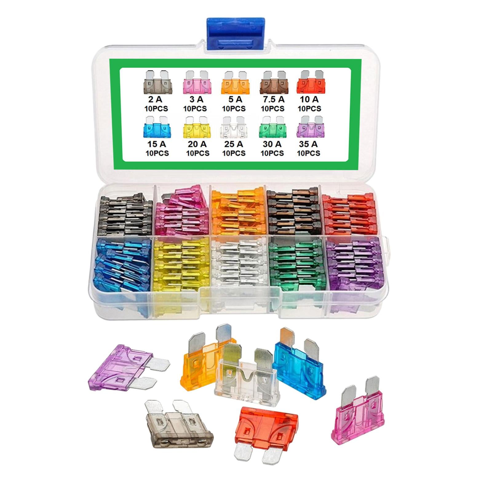 100pc Assorted Standard Truck Fuses Set- 2A 3A 5A 7.5A 10A 15A 20A 25A 30A 35A - Automotive Replacement Fuse assortment set