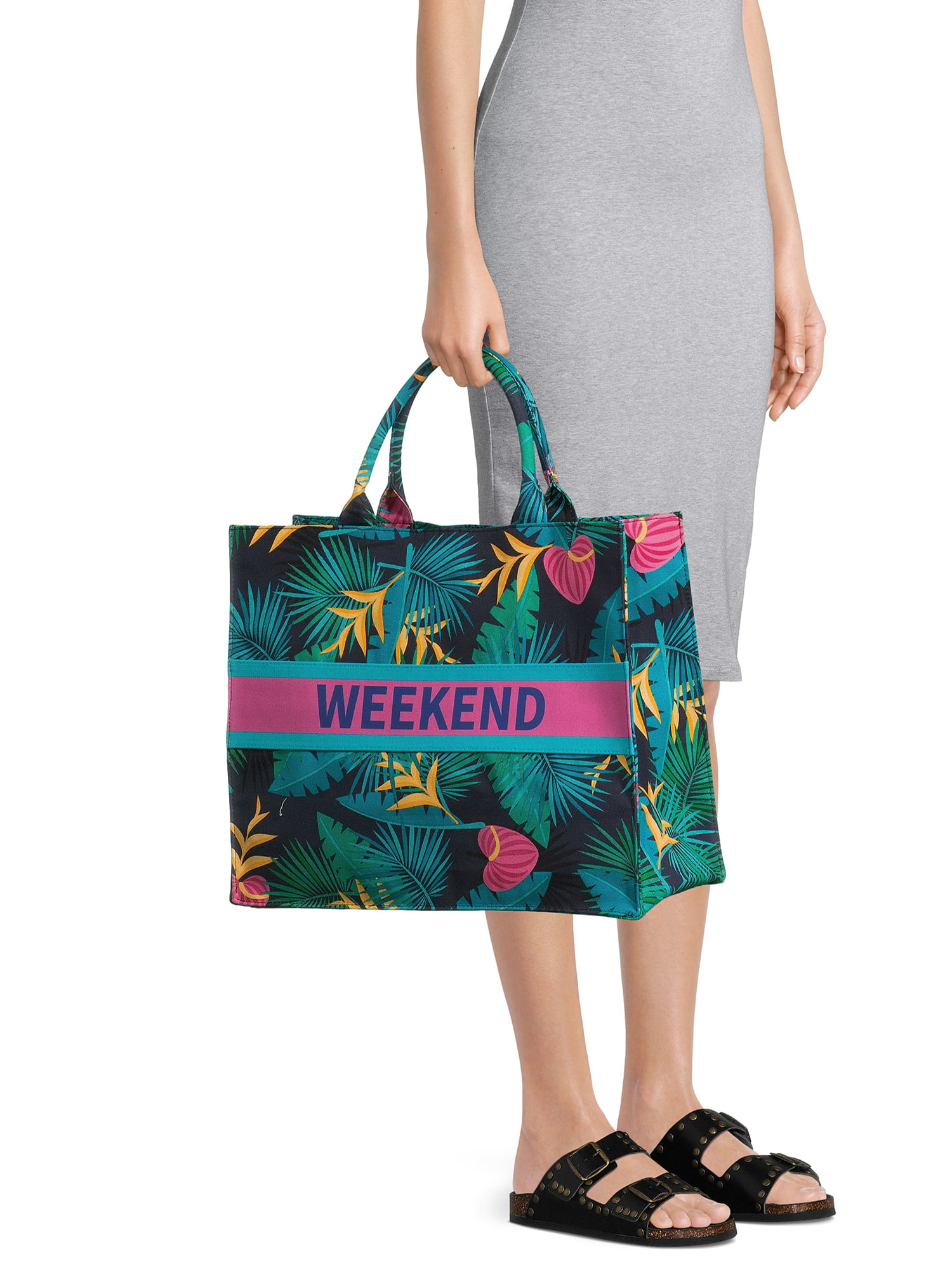 No Boundaries Women's Weekend Canvas Beach Print Tote Handbag, Dark Navy 