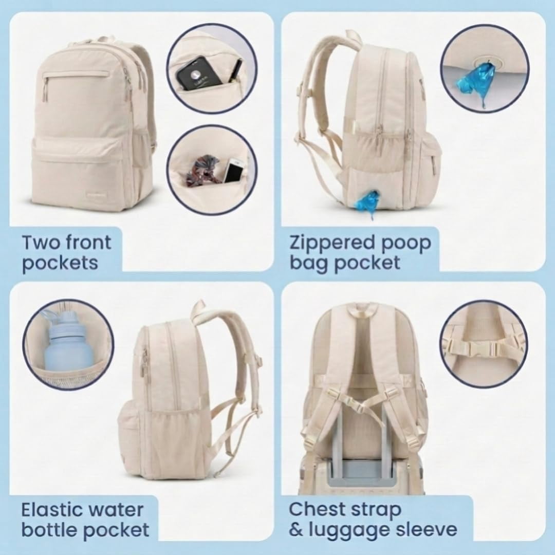 Dog Travel Bag for Supplies - Backpack with 2 Collapsible Dog Bowls, Food Bag, Treat Pouch: Beige