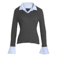 thumbnail image 4 of Patchwork Blouses for Women Lapel Collared Dressy Casual Color Block Business Work Tops Long Sleeve Fashion Shirts, 4 of 4