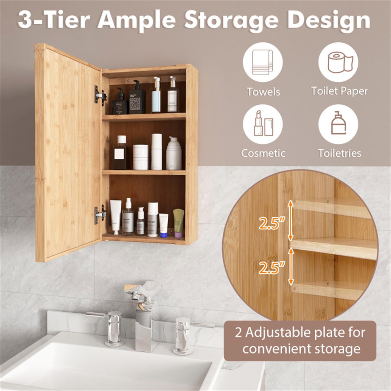 Demi Bonn Bamboo Bathroom Medicine Cabinet with Mirror, Wall Mounted Single Mirror Door Storage Cabinet with 2 Adjustable Shelf for Bathroom Living Room Hallway, Beige