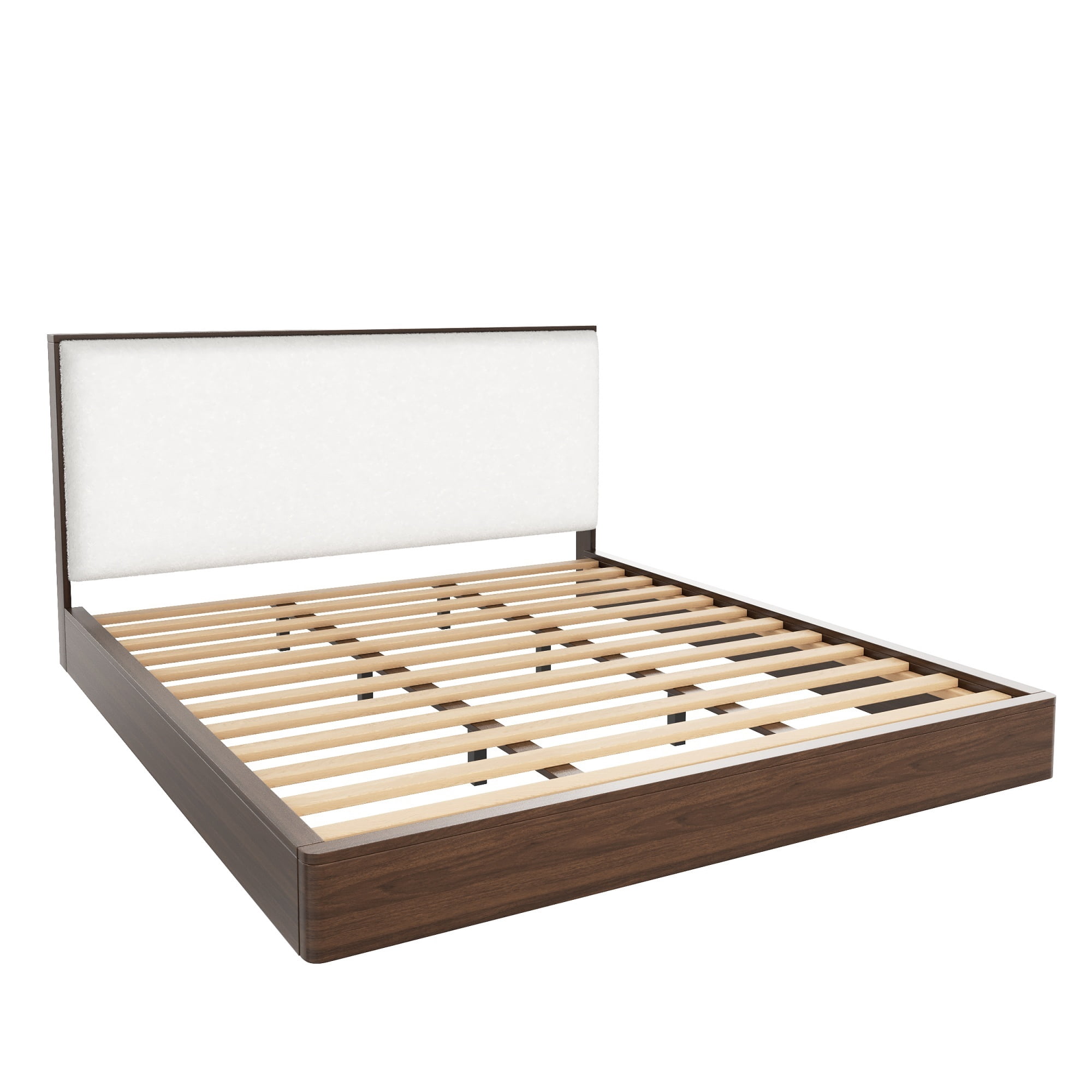 Euroco Wood King Size Platform Bed with Bouclé Upholstered Headboard, No Box Spring Needed, Walnut