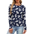 thumbnail image 4 of YUGYXL Women's Long Sleeve Shirts Ribbed Knit Slim Fit Tops Floral Printed Basic Tee Casual Stretch Crew Neck T-Shirts Blue Sweatshirt M, 4 of 6