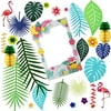 Wcaro Hawaiian Party Decorations Tropical Hibiscus Flowers and Flamingos Banner Large Artificial Tropical Leaves Banner Hawaiian Luau Selfie Frame Photo Booth Props Moana Summer Luau Party Decorations