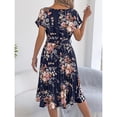 thumbnail image 5 of Lovzfmll Maxi Dress for Women, Crew Neck Short Sleeve with Batwing Sleeve & Tie Waist, Casual Pleated Dress Navy, XL, 5 of 9