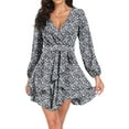 thumbnail image 5 of Aiyino Women's Dress Deep V-Neck Long Sleeve Waist Tie Ruffle Mini Swing Skater Dresses,Floral Black, 5 of 7
