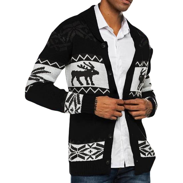 xiaxaixu Cardigan de Noël pour Homme Décontracté à Manches Longues Col Châle Chandail à Imprimé Renne Flocon de Neige Hauts Tricotés