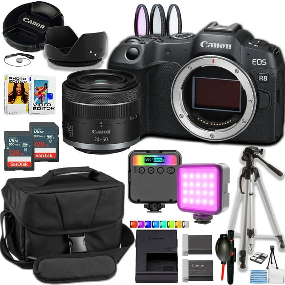 Canon EOS R8 Mirrorless Camera w/24-50mm Lens   Camera Case   50 inch Tripod   More (21pc Bundle)