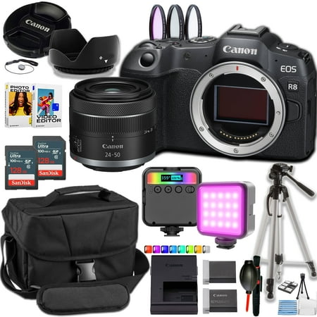 Canon EOS R8 Mirrorless Camera w/24-50mm Lens + Camera Case + 50 inch Tripod + More (21pc Bundle)