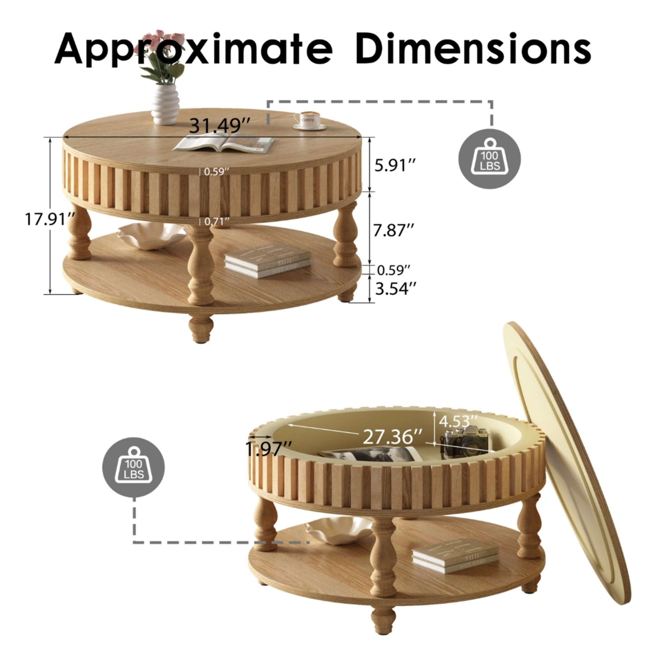 Noble house Farmhouse Fluted Coffee Table with Flip-Top Storage, Solid Wood Legs,Natural Wood