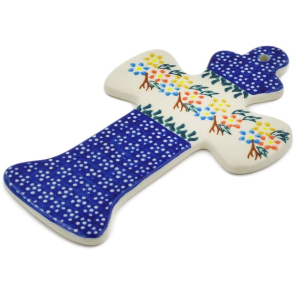 Polish Pottery 7½-inch Cross (Spring Flower Ring Theme) Hand Painted in Boleslawiec, Poland   Certificate of Authenticity