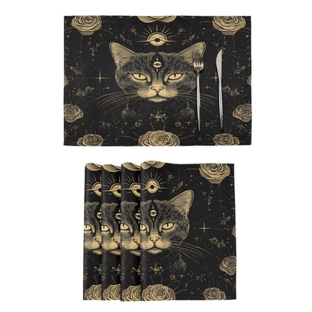 Qxltty Cat with Third Eye Rose Pattern Placemats Set of 6 Heat Resistant Non-Slip Place mat for Dining Table Washable Durable Polyester Woven Table Decorations