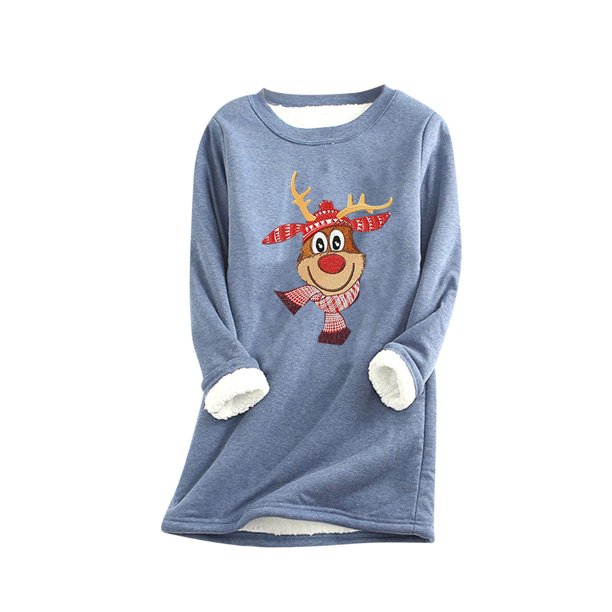 Sudadera de lana gruesa a la moda con estampado navideño para mujer, ropa interior cálida de terciopelo con cuello redondo Pompotops gfhjh11093