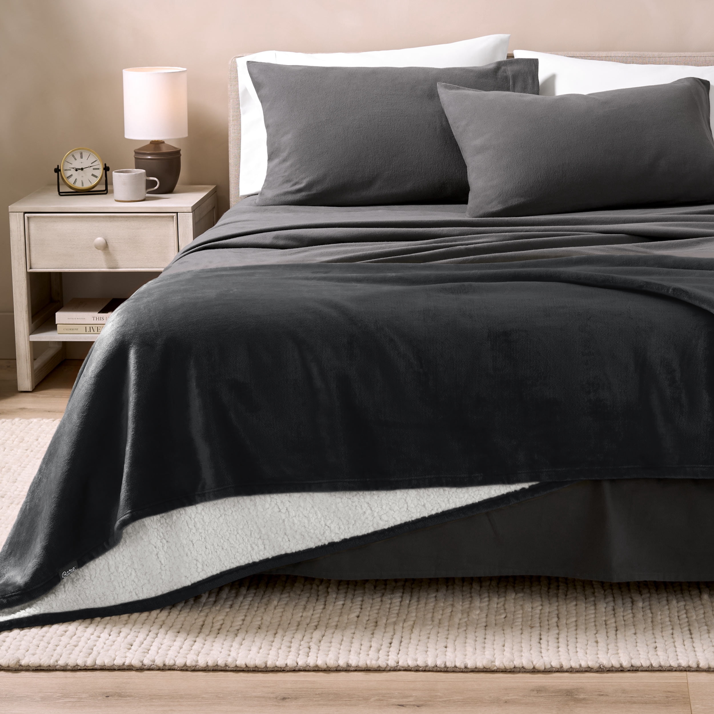 Bare Home Plush Sherpa Bed Blanket - Fluffy & Soft - Reversible - Lightweight - Full/Queen, Black