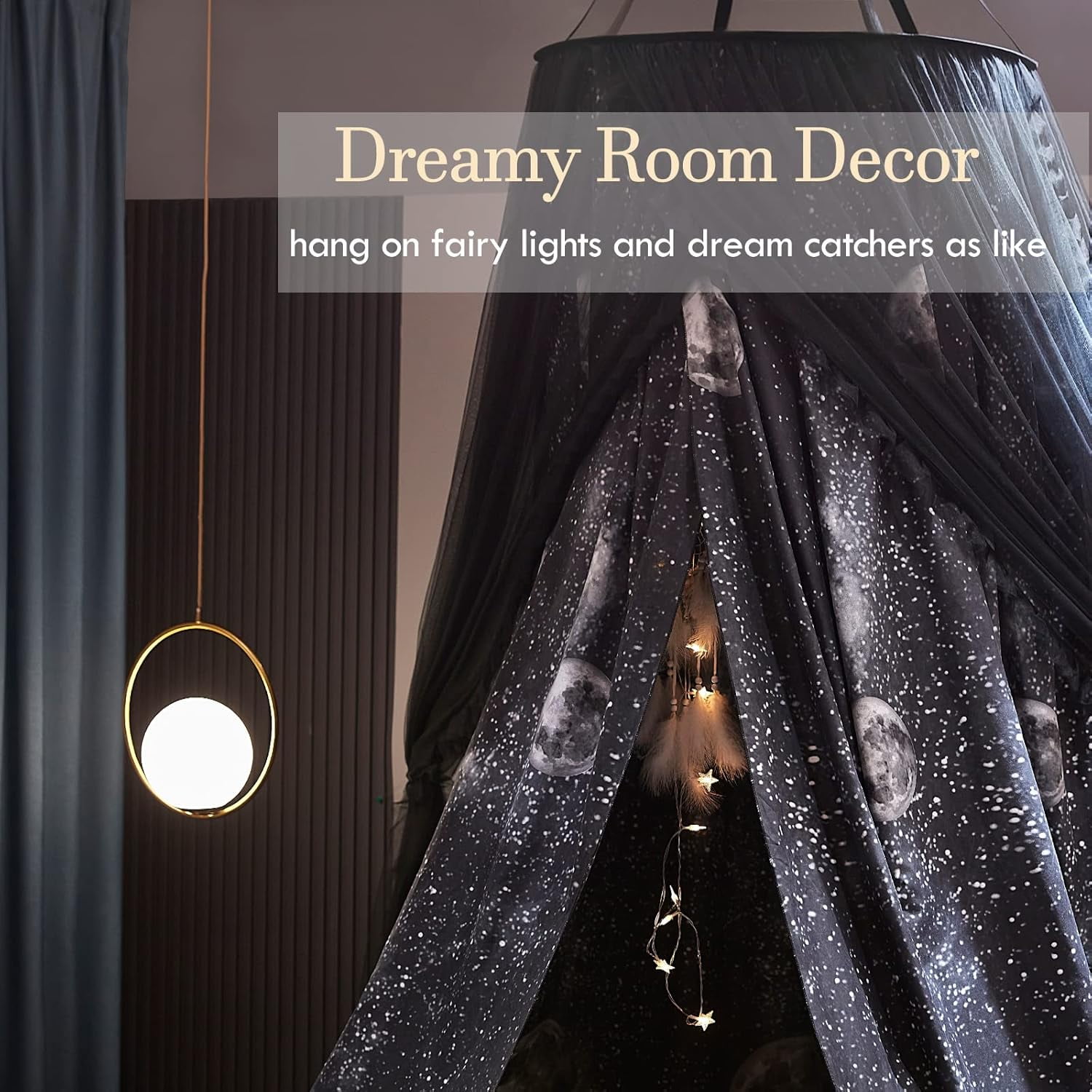 Gorgeous Moon Printed Bed Canopy for Girls & Adults, Room Decorative Cozy Bed Curtain Canopy Drapes, Round Dome Luxurious Lace Princess Canopies Mosquito Netting (Print Moon)