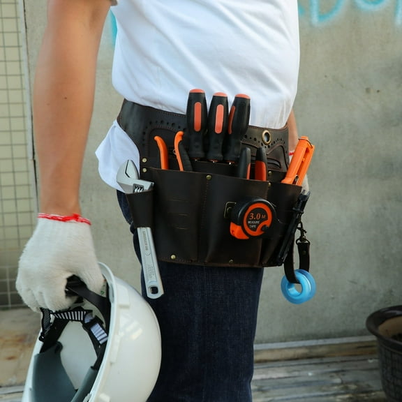 TOURBON Leather Tool Waist Bag Heavy Duty Tool Belt Pouch Quick Release Buckle Adjustable for Electrician Carpenter Brown