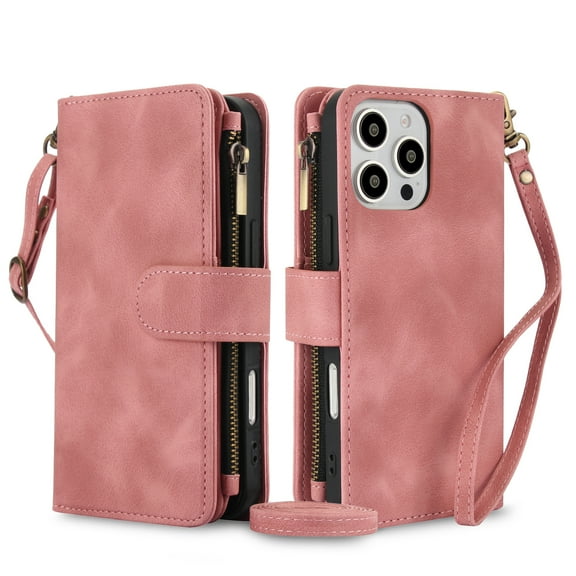 Decase Wallet Case Compatible with iPhone 16 Pro Max, Premium PU Leather Zipper Flip Folio Wallet RFID Blocking with Shoulder&Wrist Strap,Magnetic Closure Built-in Kickstand Protective Case,Rosegold