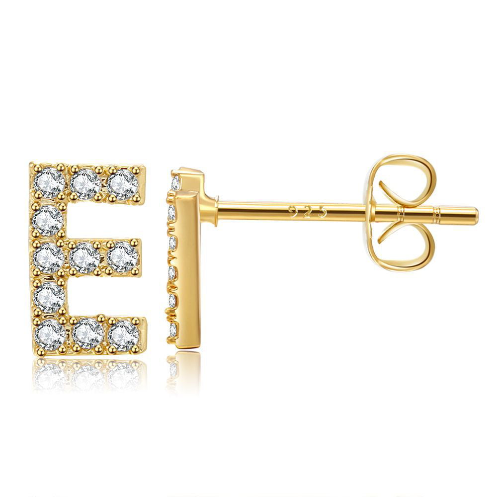 Initial Letter E Stud Earrings for Girls Women, Gold Plated Cubic 