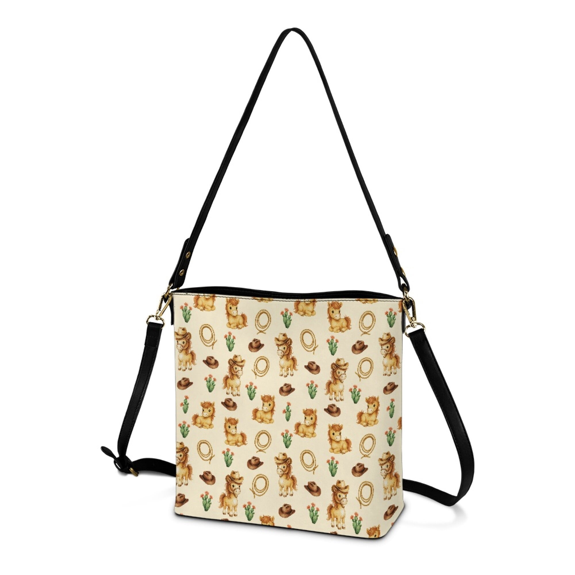 Kuiaobaty Cowboy Horse Print Bucket Crossbody Bag for Women, Cactus Print Leather Hobo Purse with Adjustable Strap, Waterproof Shoulder Handbag Crossbody for Travel & Shopping, Beige