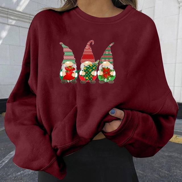 EGNMCR Chandail en Molleton de Noël Mode Femme Ample Imprimé de Noël Manches Col Rond Pull