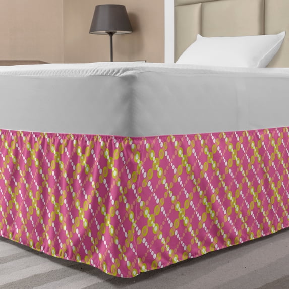 Geometric Bed Skirt, Diagonal Motif from Colorful Big and Small Dots on Pink Background, Elastic Bedskirt Dust Ruffle Wrap Around for Bedding Decor, 4 Sizes, Pink White Apple Green, by Ambesonne