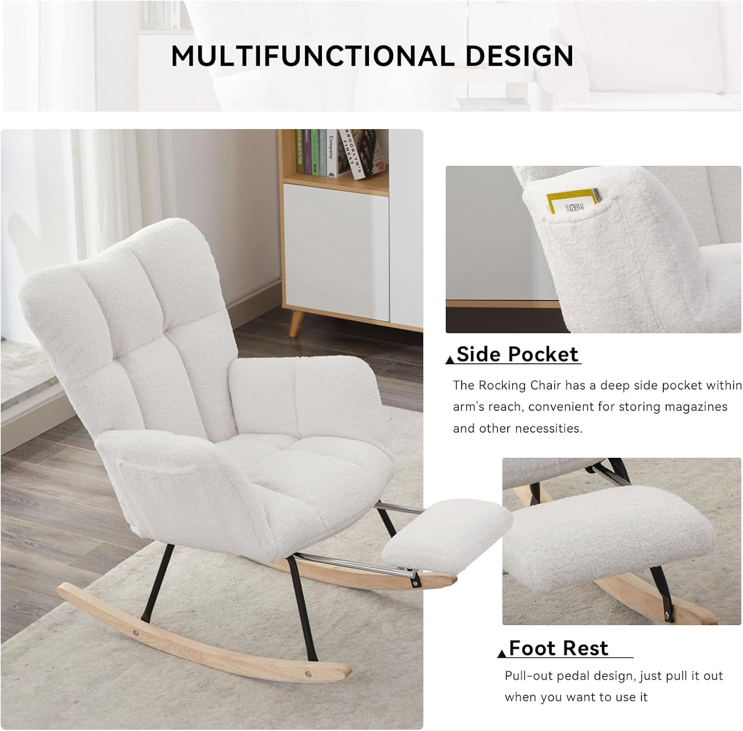 Rocking Chair Nursery Teddy Upholstered Glider Rocker High Backrest Nursery Rocker Comfortable Armchair