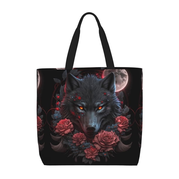 Easygdp Rose Full Moon Black Wolf Bolsa Tote para Mujer, Bolso de Hombro para Trabajo, Playa, Viajes, Compras y Supermercado