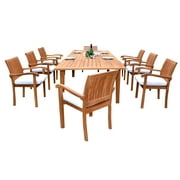 9 PC A Grade Outdoor Patio Teak Dining Set - 122" Double Extension Caranas Table & 8 Naples Stacking Arm Chairs