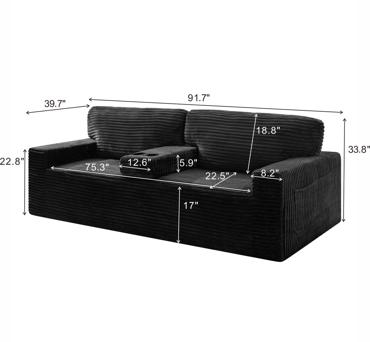Compression Corduroy Floor Sofa No-Leg Couch, Loveseat with Built-in Cup Holders and Side Storage Pocket