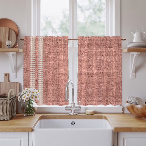 Peach Pink Texture Kitchen Curtains 54 Inch Length, Country Farmhouse Burlap Stripes Tiers Curtains for Bathroom Bedroom Cafe, Light Filtering Small Window Treatment Short Drapes 2 Panels 42"Wx54"L