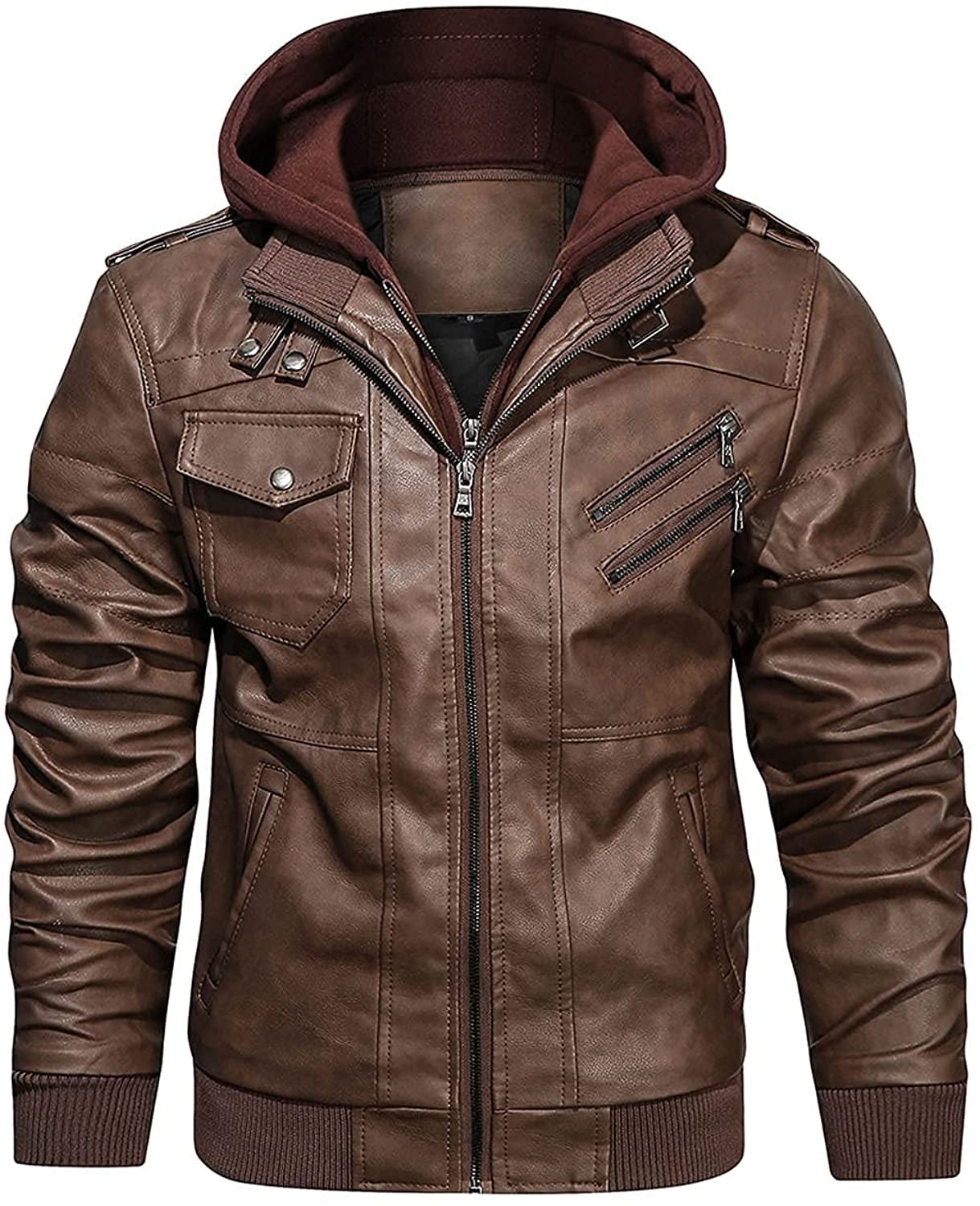 Men’s Casual Stand Collar PU Faux Leather Zip-Up Motorcycle Bomber ...