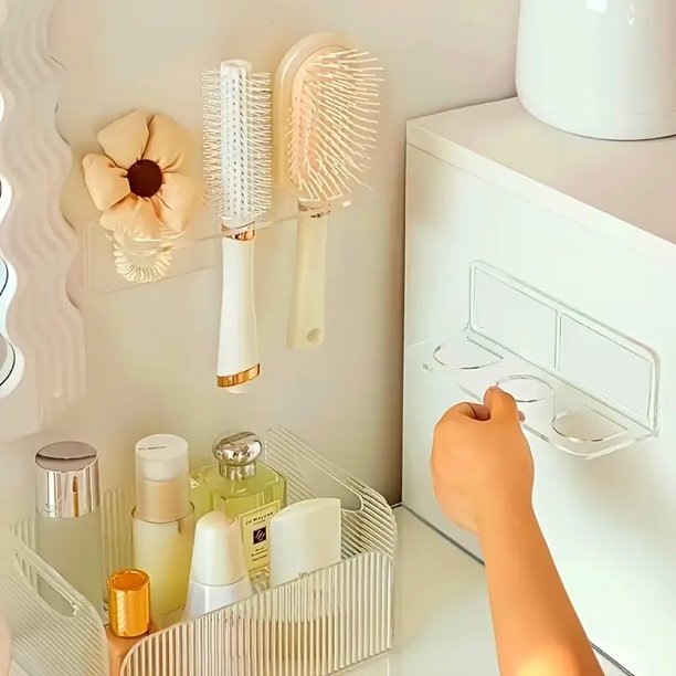 Estante de baño acrílico de 3 agujeros | Organizador de pared for cepillos de pelo, organizador de tocador sin taladros for guardar peines y artículos de tocador