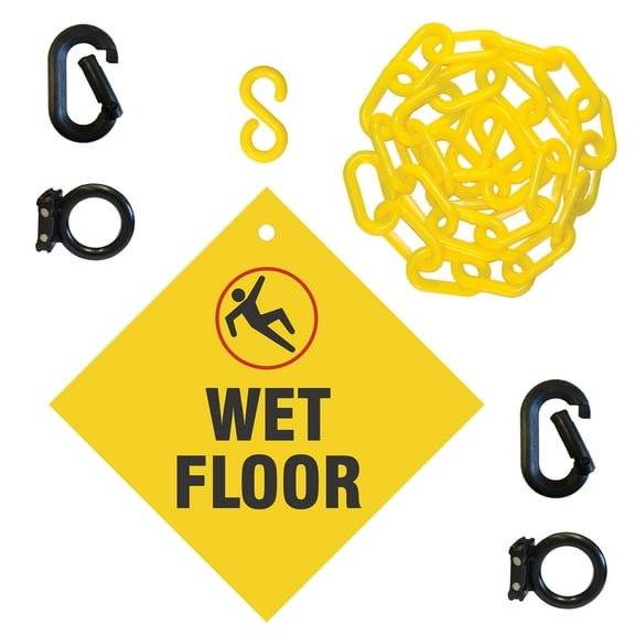 Wet Floor Sign Kit 6 Feet Yellow Plastic Safety Chain